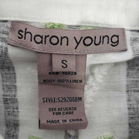 Sharon Young Womens Top Small Gray Striped 100% Linen Embroidered Button Up 3/4 - Picture 8 of 10